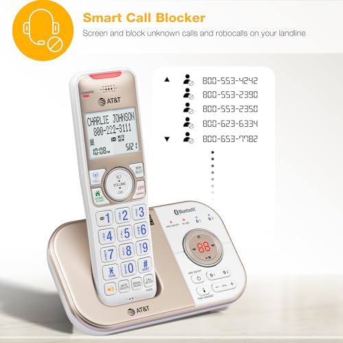 Bl3112-3 3-Handset Dect 6.0 Cordless Phone For Home With Bluetooth Connect To Cell, Smart Call Blocker, Answering Machine, Caller Id, Expandable Up To 5 Handsets, Champagne Gold/White