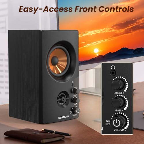 Active Bookshelf Speakers, 50W BT Home Speakers, 3 Woofer, 1 Silk Dome Tweeter PC Speakers, RCA Speakers for Desktop/Turntable/TV, Bass & Treble