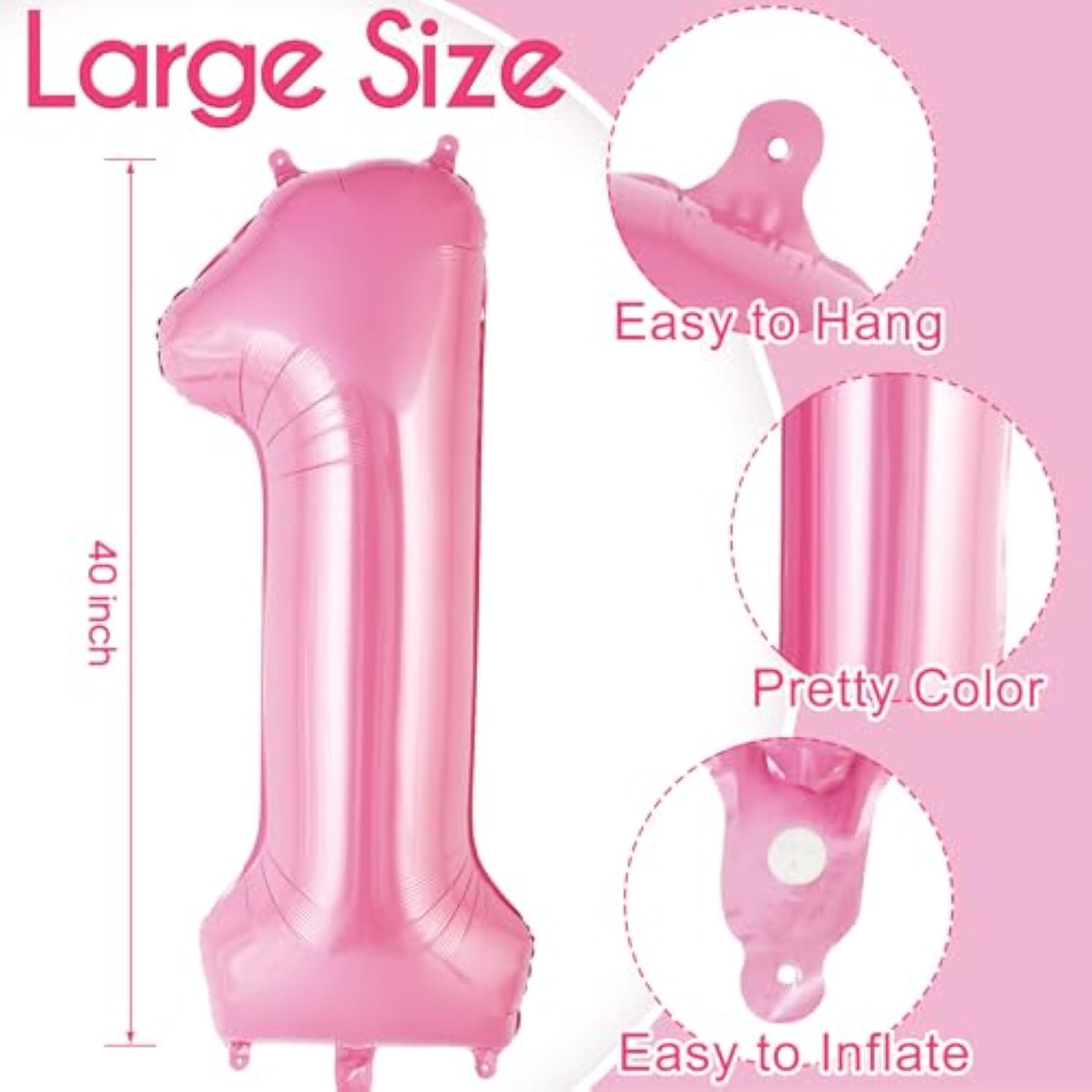 Bow Pink Number 1 Balloon 40 Inch Foil Mylar 1st Birthday Party Decorations Supplies
