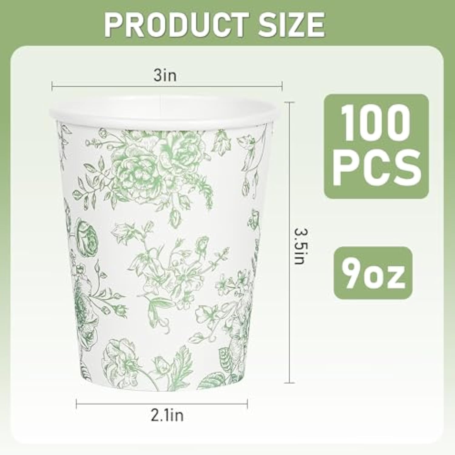 100Pcs Floral Paper Cups Sage Green Flowers Paper Cups 9Oz Disposable Green And White Toile Chinoiserie Drinking Cups For Bridal Baby Shower Birthday Party Supplies