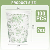 100Pcs Floral Paper Cups Sage Green Flowers Paper Cups 9Oz Disposable Green And White Toile Chinoiserie Drinking Cups For Bridal Baby Shower Birthday Party Supplies