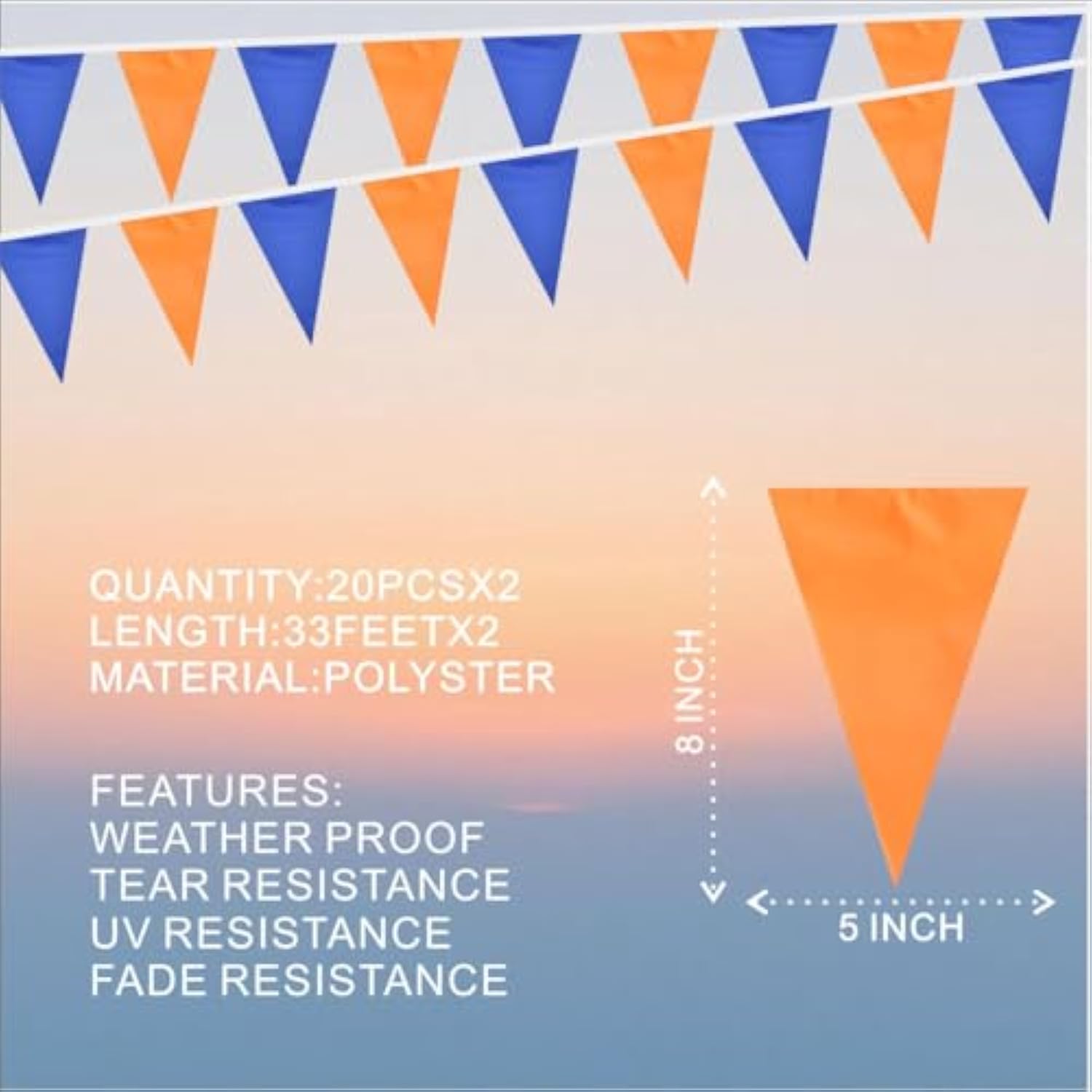 Orange & Blue Pennant Banner, 60ft with 40 Flags for Party, Wedding & Classroom Decor