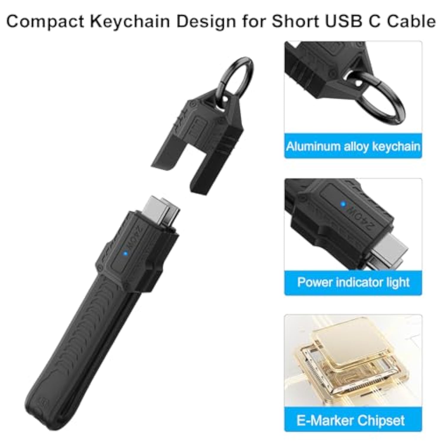 Usb C Cable Keychain, 240W Usb C Keychain Cable, 80Gbps Data Transfer, 8K 60Hz Video Display For Iphone 16 15, Thunderbolt 4/3, Laptop, External Ssd, In Black 13Cm