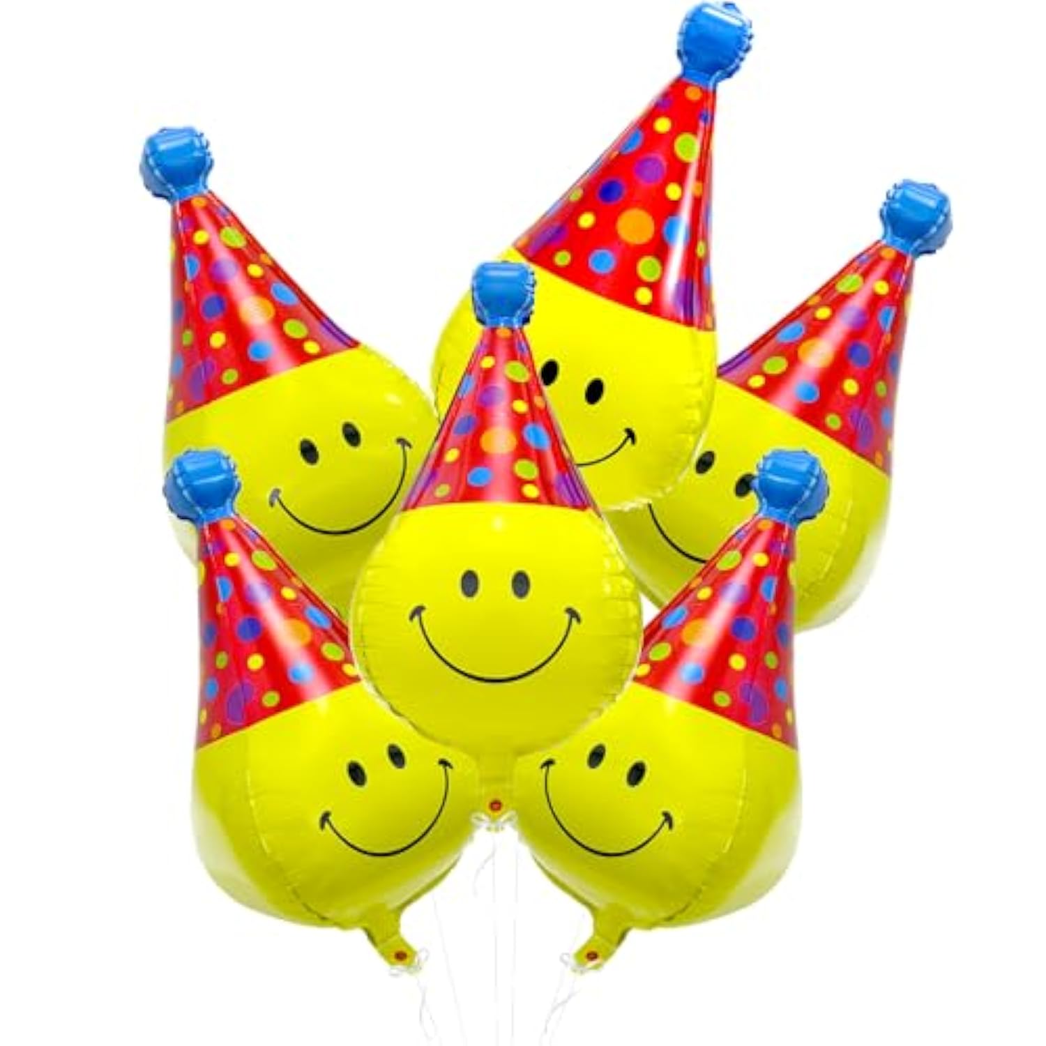 Unique 4D Happy Emoticons With Hat Balloons Smile Face Helium Balloons, 6 Pack Cute Cartoons Movie Character Smile With Party Hat Foil Mylar Balloons For Kids Birthday Decoration Party Supplies