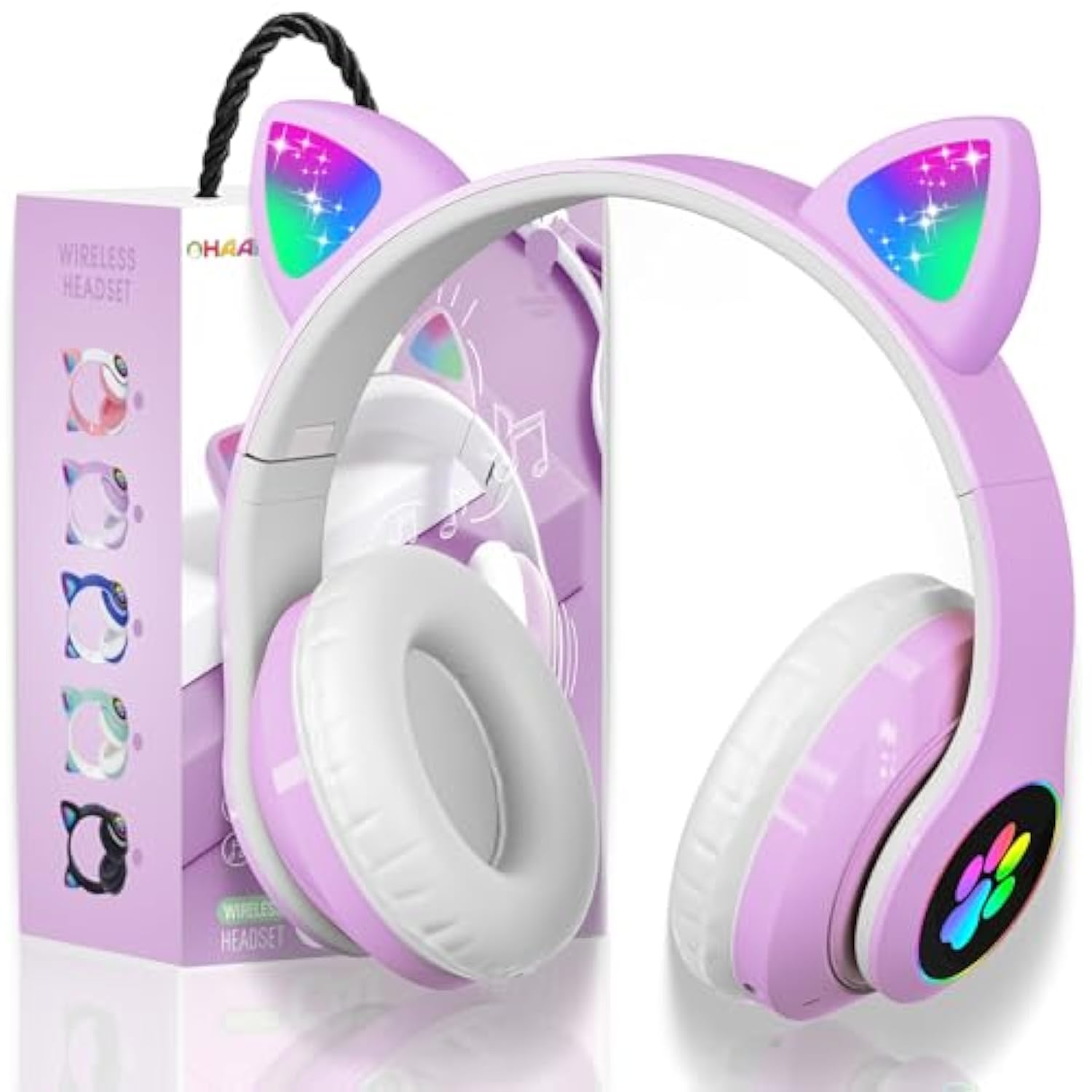 Bluetooth Noise Cancelling Headphones For Kids,Foldable Cat Headphone With Led Light Up Ear,Cat Ear Headphones For Toddler With Microphone/Tf Card,Kids Bluetooth Headphones For