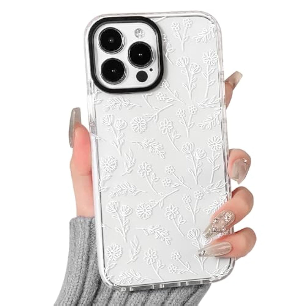 Compatible For Iphone 13 Pro Max Case Cute Flower Floral Clear For Women Girl Ultra Slim Crystal Shockproof Soft Tpu Anti-Yellow Protective Phone Cover - White