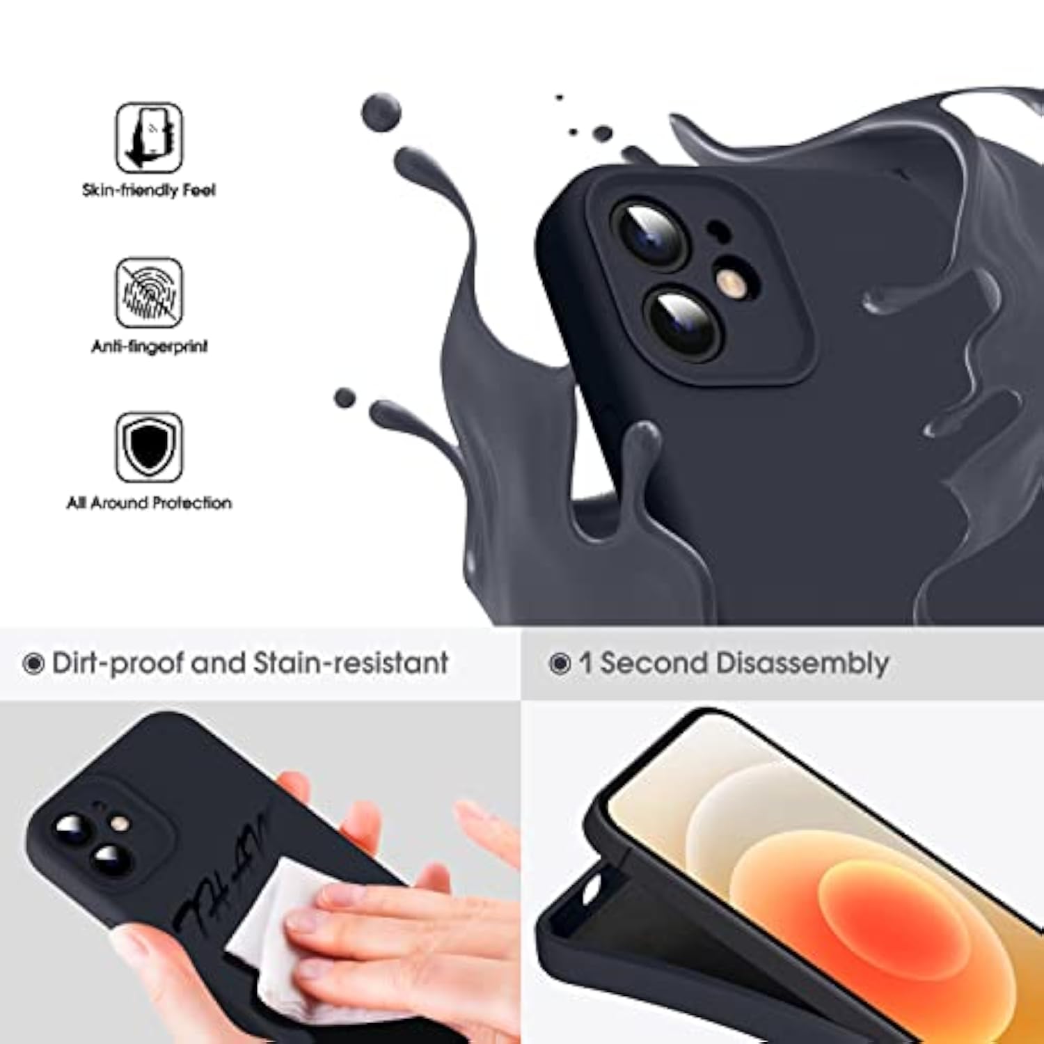 Liquid Silicone Case for iPhone 12 Mini, 4 Layer Phone Case Protective Cover with Camera Protection, Anti Fingerprint, and Wireless Charging, 5.4", Black