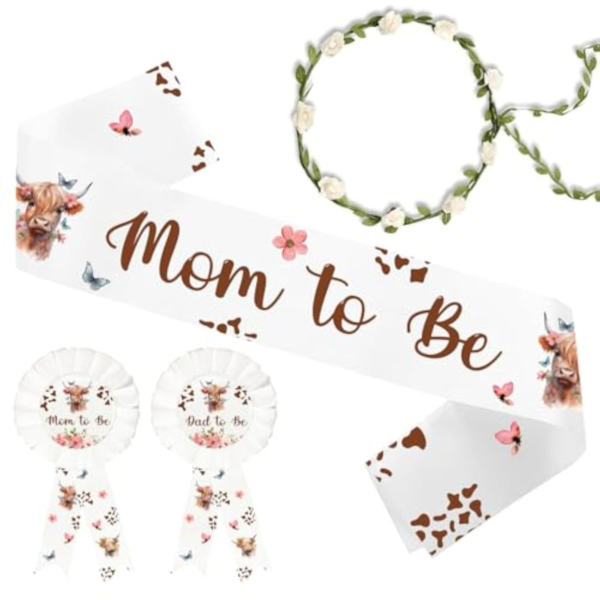 Highland Cow Mom To Be Sash Dad To Be Pin And Flower Crown Headband For Gender Reveals Party Baby Shower Party Favors Decorations For Boys And Girls Pregnancy Props Keepsake