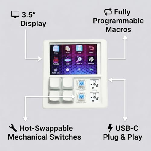 Mechanical Macropad With 3.5" Tft Screen, 8 Programmable Keys, Esp32 Powered Custom Keyboard, Driver-Free Hid For Streamers & Designers, Open Source 3D Printed Case