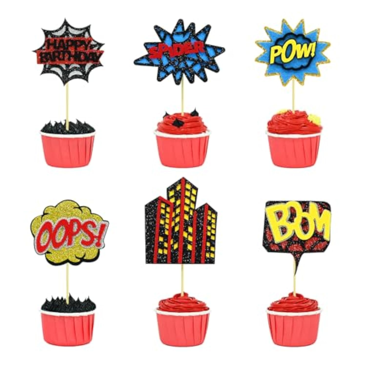 12 Pcs Spider Cake Toppers, Spider Theme Cupcake Decorations Glitter Red Black Blue Spider Pattern Birthday Party Supplies, Spider Web Birthday Decorations For Boys, Men, Baby Shower