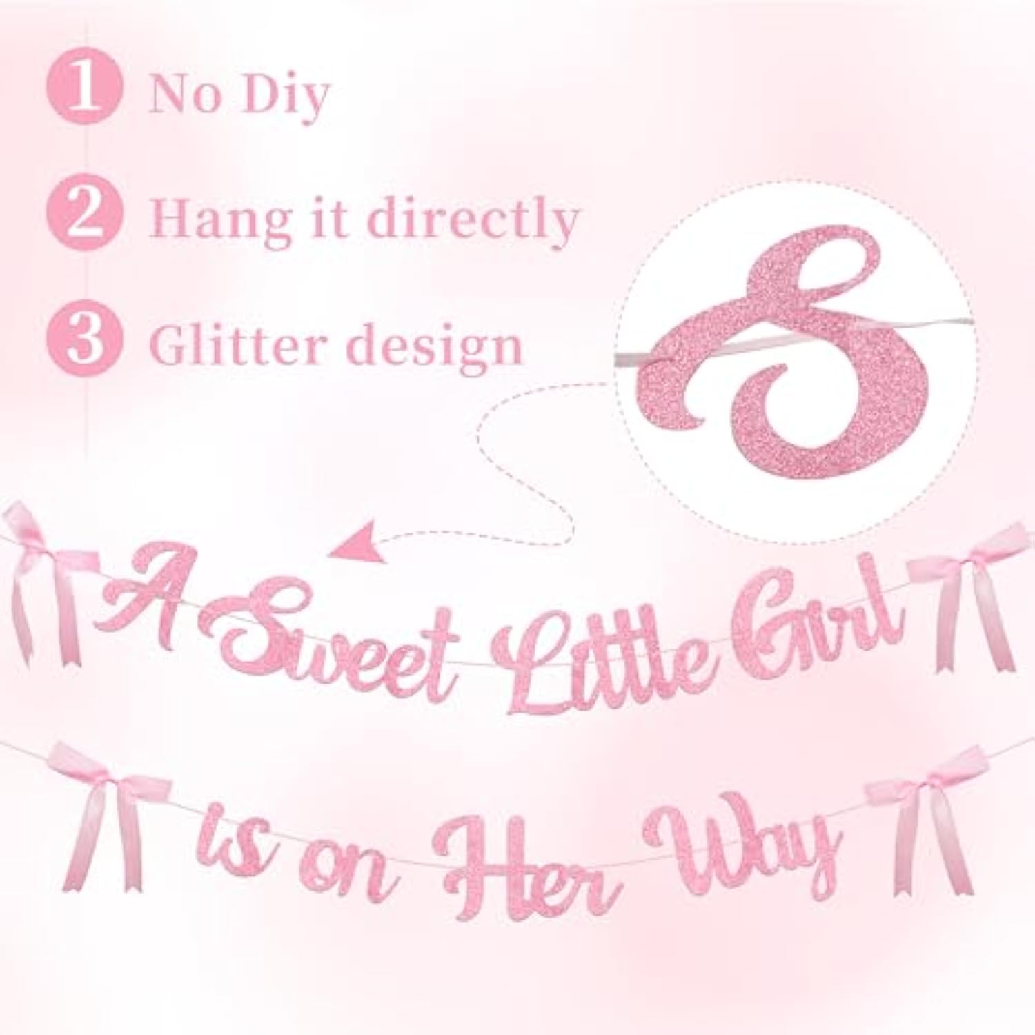 A Sweet Little Girl Is On Her Way Banner For Bow Baby Shower Decorations, Pink Glitter Baby Garland For Baby Girl Coquette Party Decor