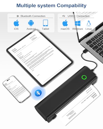 Portable Printers Wireless For Travel, Bluetooth Thermal Printer Supports 8.5" X 11" Us Letter & A4 Size, Inkless Mobile Printer Work With Android Iphone Laptop For Home Office School, Black