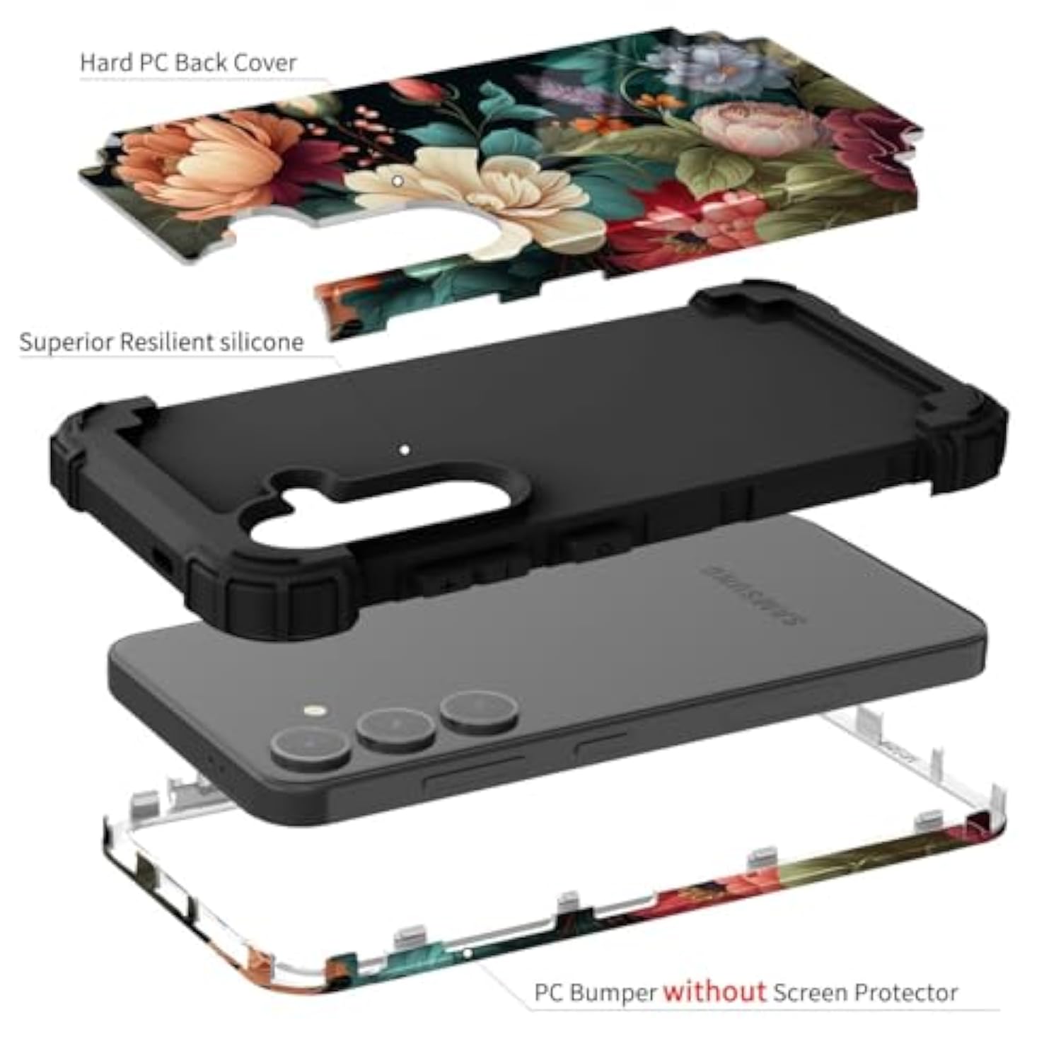 Unique Flower Pattern Compatible With Samsung Galaxy S25 Plus Case,Heavy Duty Dual Layer Shockproof Full-Body Protective Sturdy Hybrid Cute Rugged Case For Women,Girls,Kids-Black Floral