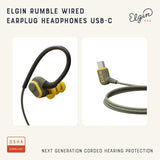 Elgin Rumble Wired Earplug Headphones, 27 dB NRR Waterproof Hearing Protection Earbuds w/Noise-Isolating Mic & in-Line Controller, OSHA Compliant, ANSI Certified, Kevlar Reinforced Cable, IP67, USB-C