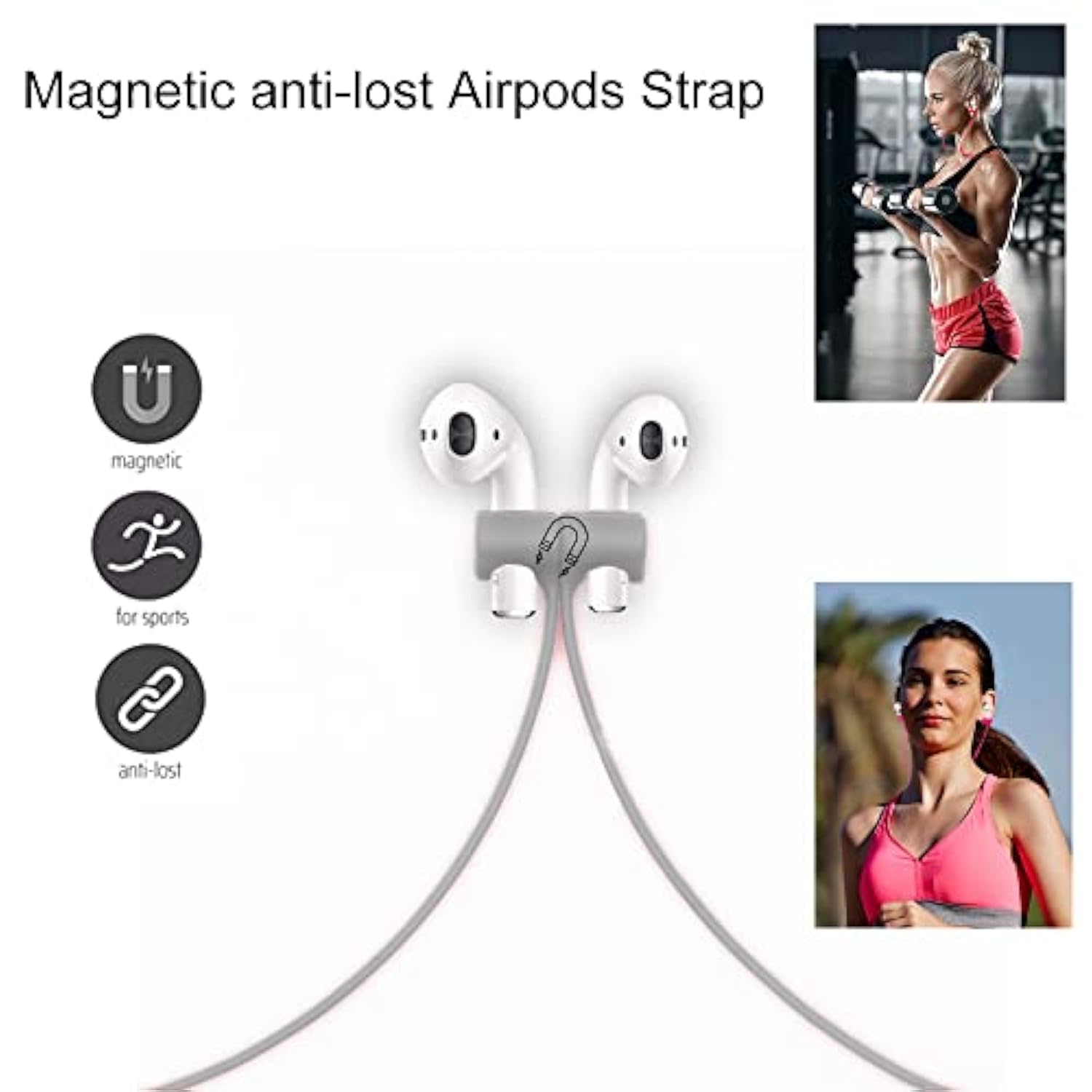 Magnetic Anti-Lost Straps For Airpods, 2 Pcs Soft Silicone Sports Lanyard Compatible With Airpods 4 And Pro,Pro2, Airpods 1/2, Bose Jbl Beats. (Grey)
