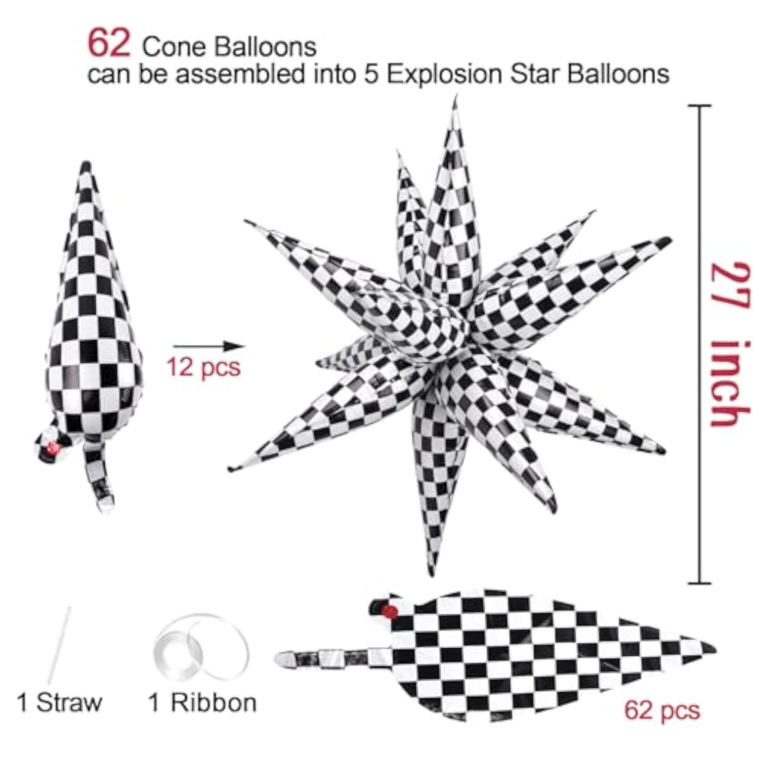 62 Pcs Checkered Star Balloons 12 Spike Foil Racing Birthday Decorations