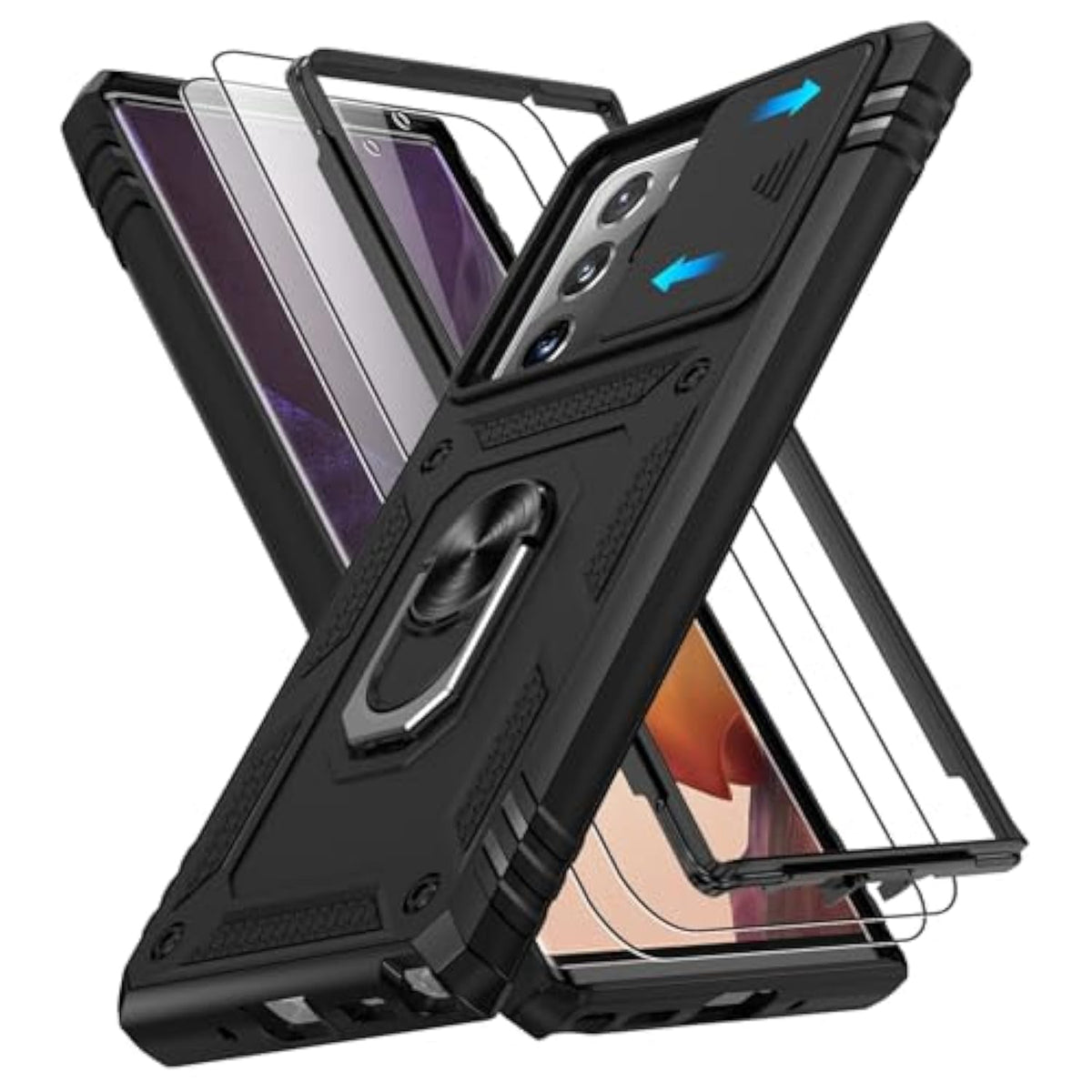 For Samsung Galaxy Note 20 Ultra Case With Screen Protector*2, Note 20 Ultra Phone Case Build In 360° Rotating Ring Kickstand, Military Grade Protective Cover For Note 20 Ultra Phone Black