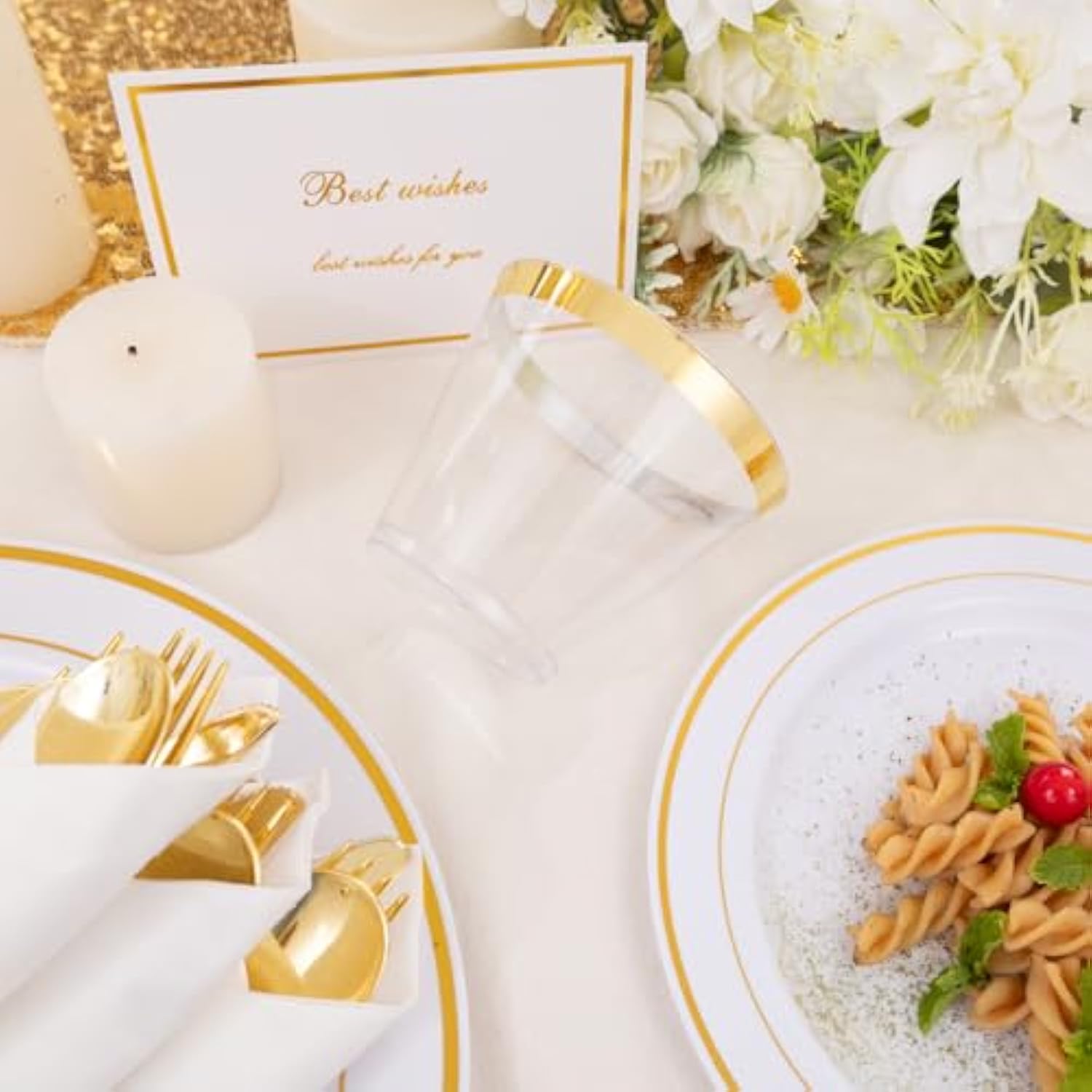 350Pcs Gold Plastic Dinnerware Set For 50 Guests, Fancy Disposable Plates For Party, Include: 50 Dinner Plates, 50 Dessert Plates, 50 Pre Rolled Napkins With Gold Silverware, 50 Cups
