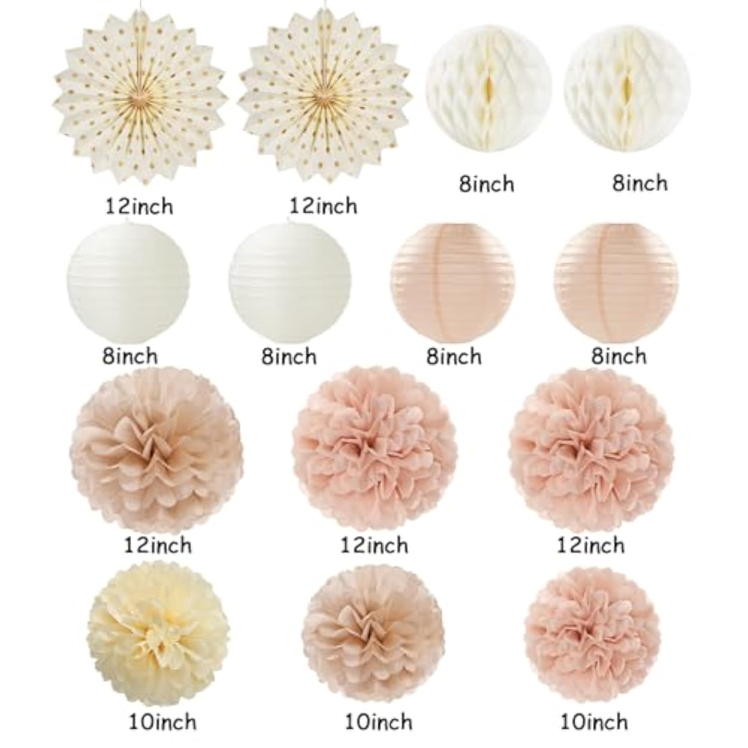 Champagne Gold Beige Peach Boho Streamers 14 Pcs Paper Honeycomb Lanterns Fans Decor