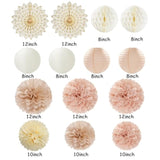 Champagne Gold Beige Peach Boho Streamers 14 Pcs Paper Honeycomb Lanterns Fans Decor