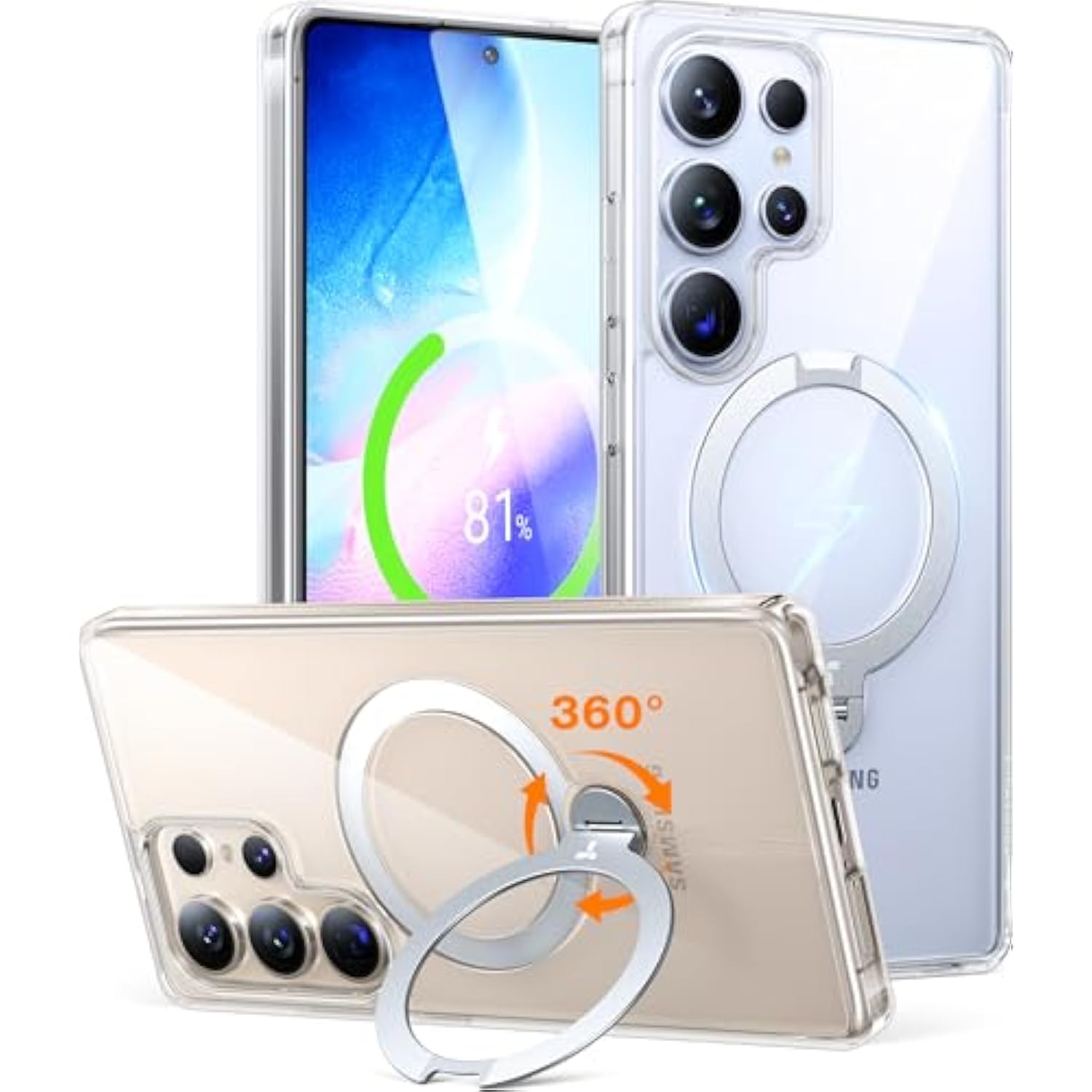 360° Spin Magnetic Stand Case for Samsung Galaxy S25 Ultra, MagSafe, Clear