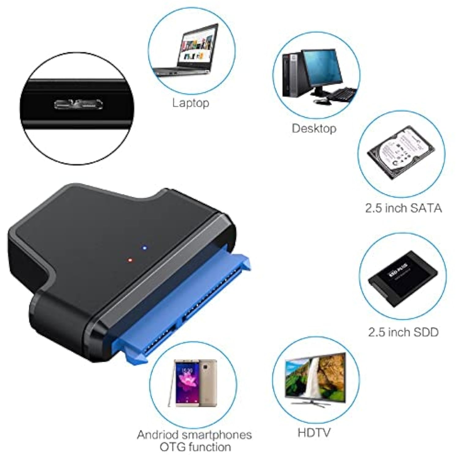 Cablecc 5Gbps Micro USB 3.0 to SATA 22Pin 7+15 Enclosure Adapter for 2.5" Hard
