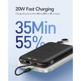 10000Mah Wired Portable Charger, 20W Fast Charging Slim Power Bank With Removable Cable For Iphone & Android, Hand-Free Battery Pack With Digital Display For Short Travel (No-Wireless)