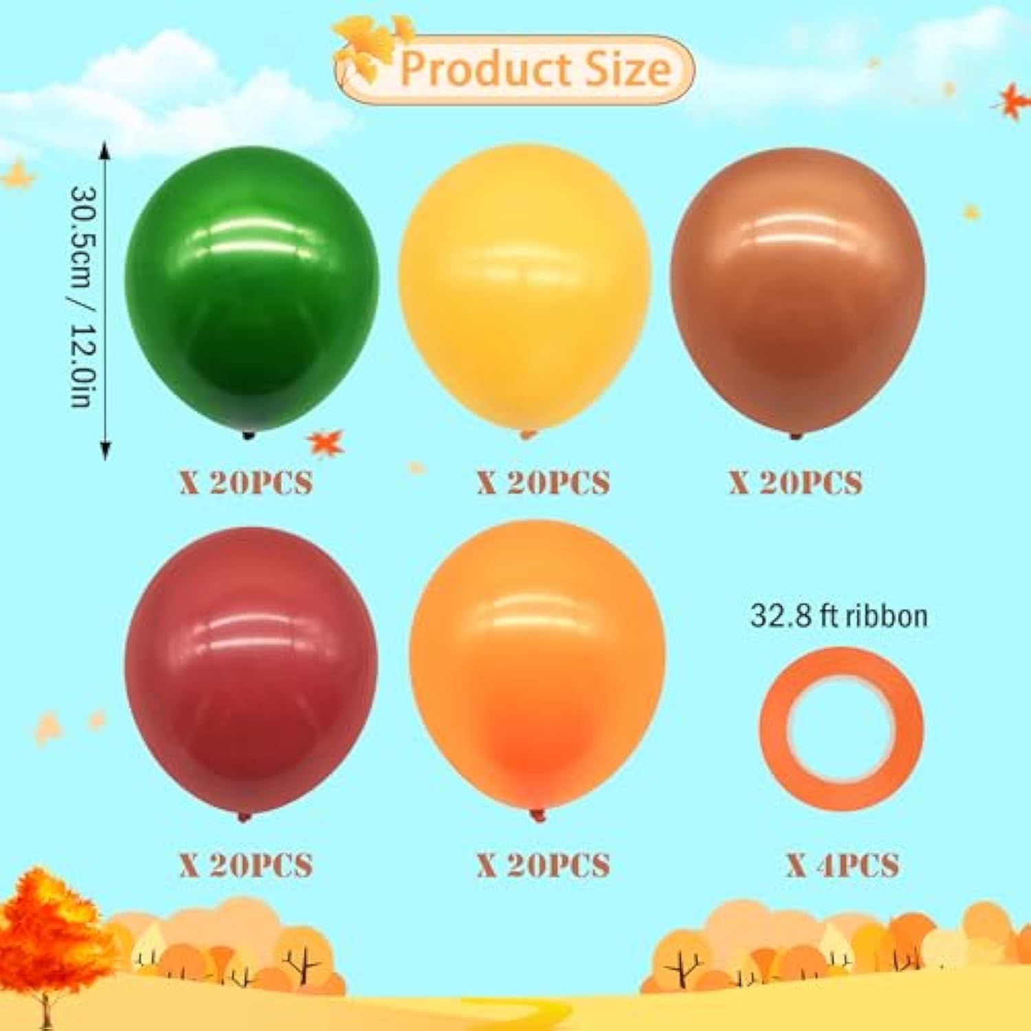 Fall Balloons: 100pc Yellow, Brown, Orange, Green & Red - Thanksgiving Decor