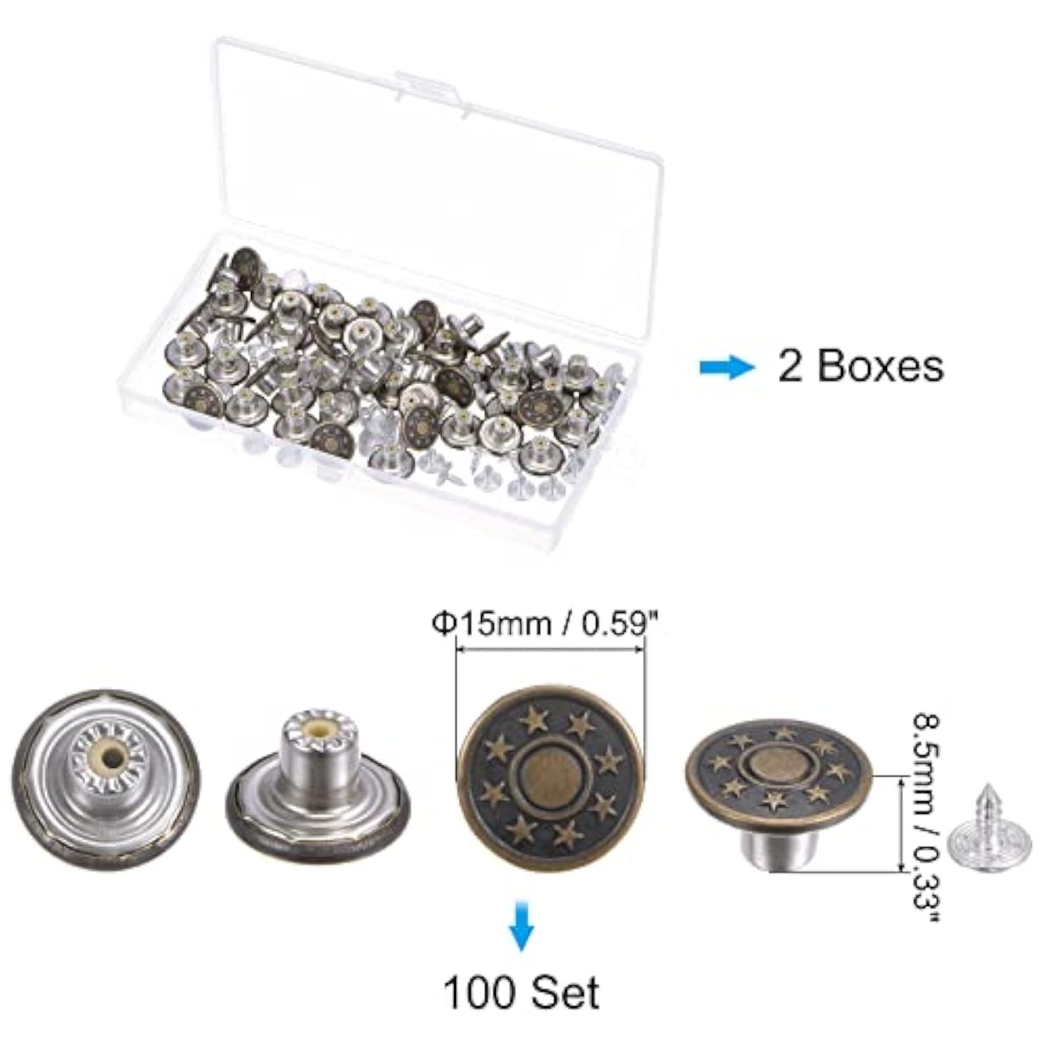 100 Sets Button Pins For Jeans, 15Mm No-Sew Removable Instant Adjustab