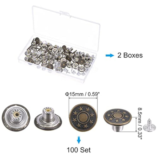 100 Sets Button Pins For Jeans, 15Mm No-Sew Removable Instant Adjustab