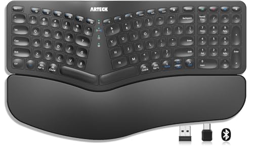 Ergonomic Keyboard With Cushioned Wrist Palm Rest, Multi-Device Wireless Bluetooth With Usb-A Usb-C Receiver Comfortable Ergonomic Split Keyboard, For Windows Computer Laptop Pc Tablet
