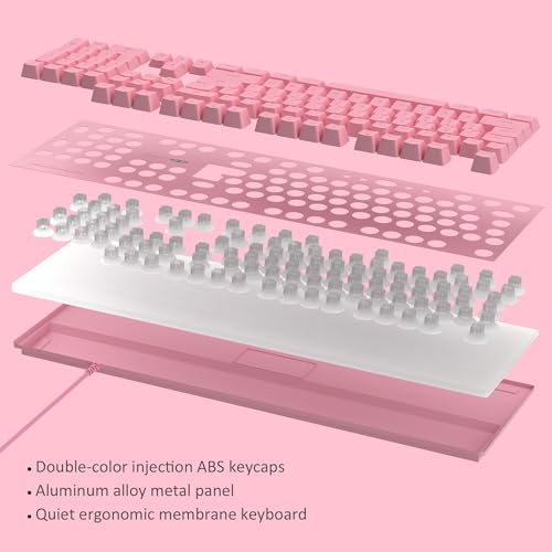 GT838 Gaming Keyboard and Mouse Combo, 104 Keys RGB Backlit Quiet Wired Keyboards for Laptop PC MAC, with Number Pad, Metal Panel, Anti-Ghosting, Pink