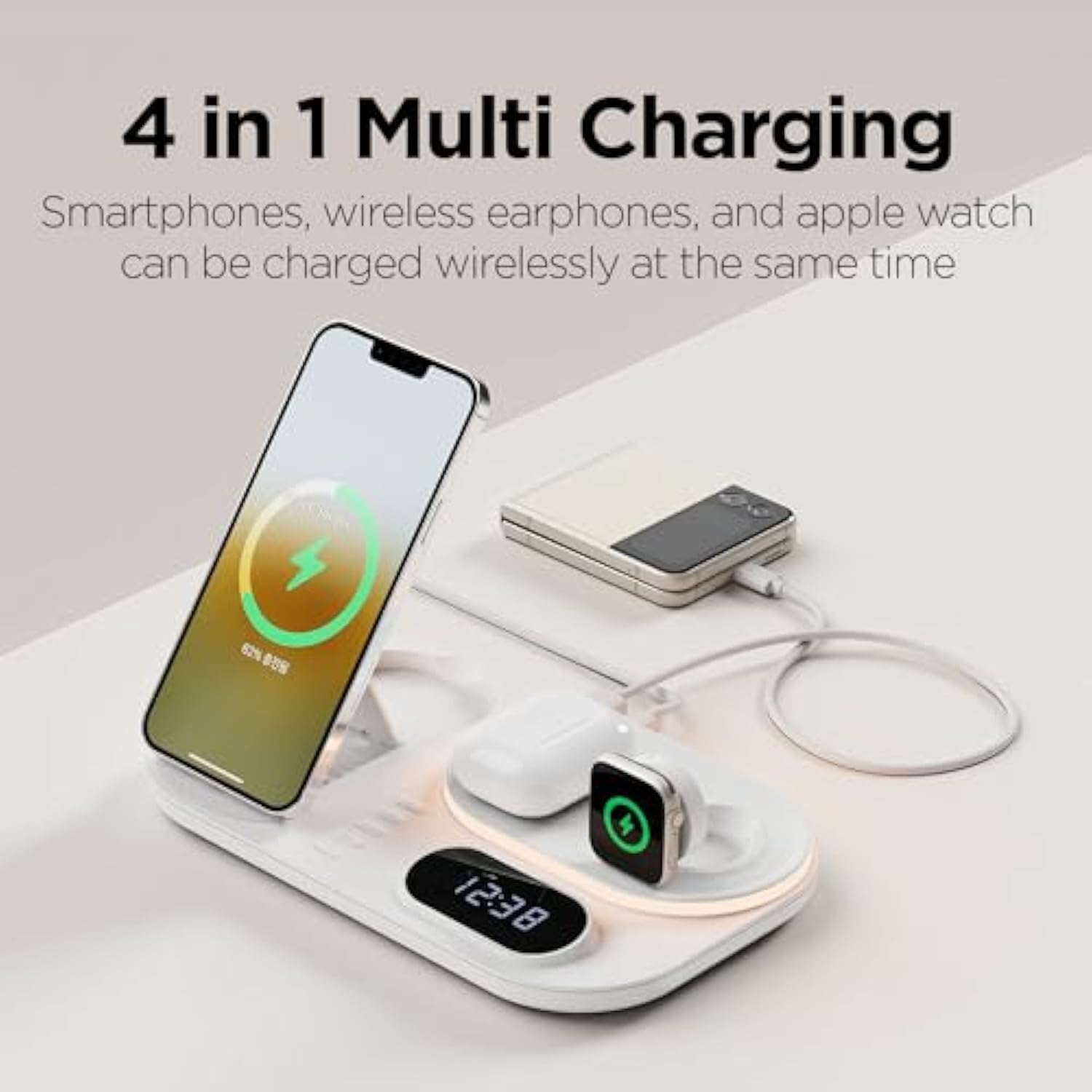 4 In 1 Fast Wireless Charger Nightlight Clock, 4 In 1 Wireless Charging Station With Led Clock, Compatible With Iphone 15 14, Galaxy S24 S23 And Newer, Airpods, Galaxy Buds, Apple Watch