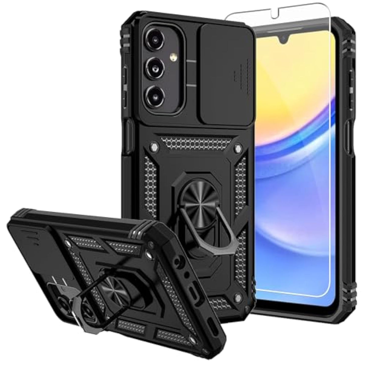 For Galaxy A15 5G Case,With Screen Protectors And Camera Cover,[Military Grade] 16Ft.Drop Tested Cover With Magnetic Kickstand Protective Case For A15 5G, Black