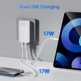 17W Extra Slim Portable Wall Charger 2-Port Usb-A Wall Charger Convenient Travel Accessories Compatible With Ipad Iphone Samsung Galaxy Switch, Etc.(White)