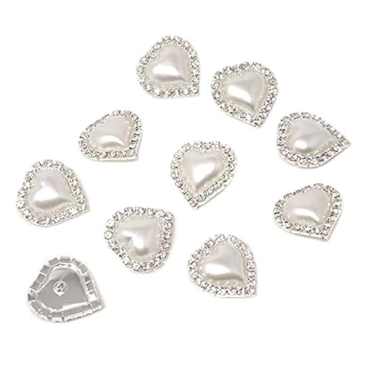 10Pcs 22Mm X 23Mm Heart Shaped Rhinestone White Faux Pearl Buttons Emb