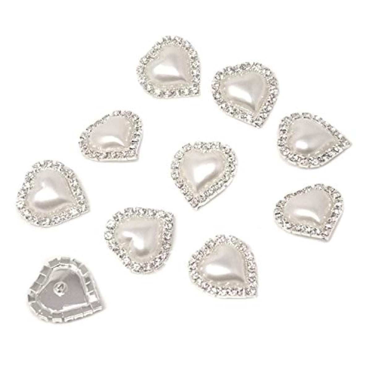 10Pcs 22Mm X 23Mm Heart Shaped Rhinestone White Faux Pearl Buttons Emb
