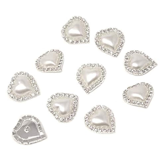 10Pcs 22Mm X 23Mm Heart Shaped Rhinestone White Faux Pearl Buttons Emb