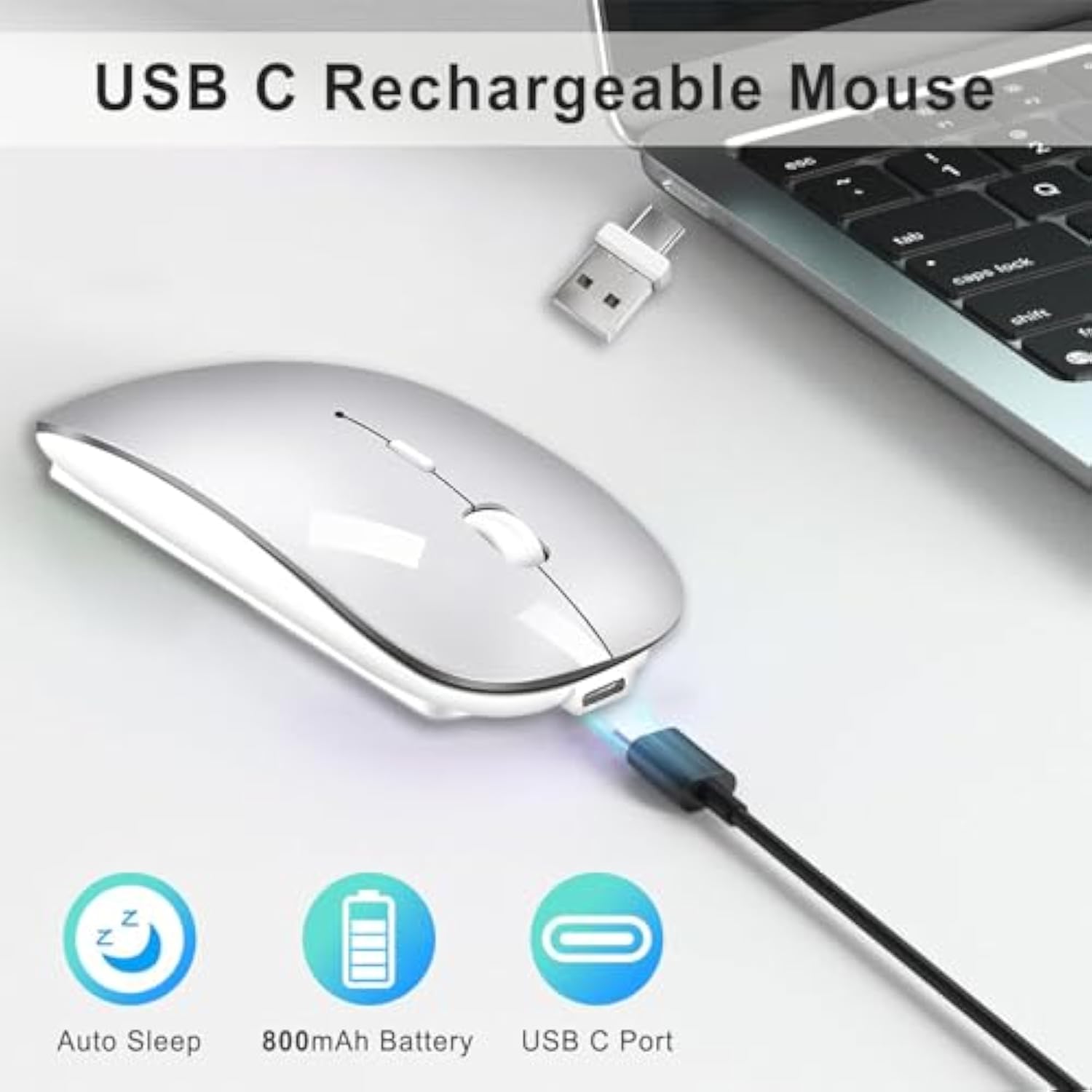 Bluetooth Wireless Mouse Usb C For Macbook Air Pro Imac Laptop Desktop Computer, Wireless Rechargeable Silent C Mouse For Mac Desktop/Ipad/Surface Pro (Bt5.2/3.0, 2.4G Usb A, Type-C Receiver)