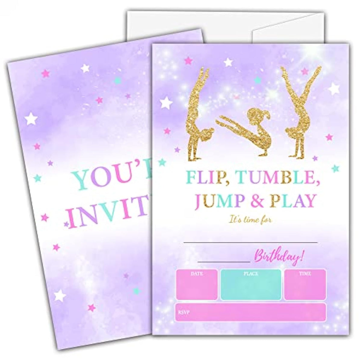Gymnastics Birthday Invitations For Kids, Gold Glitter Birthday Party Invitation Cards, Jump Tumble And Play Party Celebration Supplies Decoration -20 Fill In Invitations With Envelopes (B17)