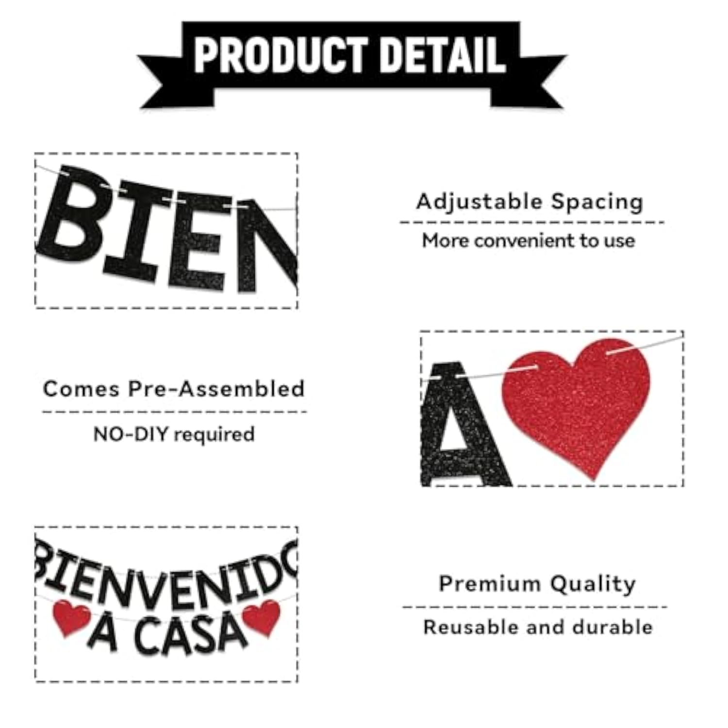 Bienvenido A Casa Banner - Spanish Welcome Home Banner, Welcome Home Decorations, Homecoming Party Decorations Black Glitter