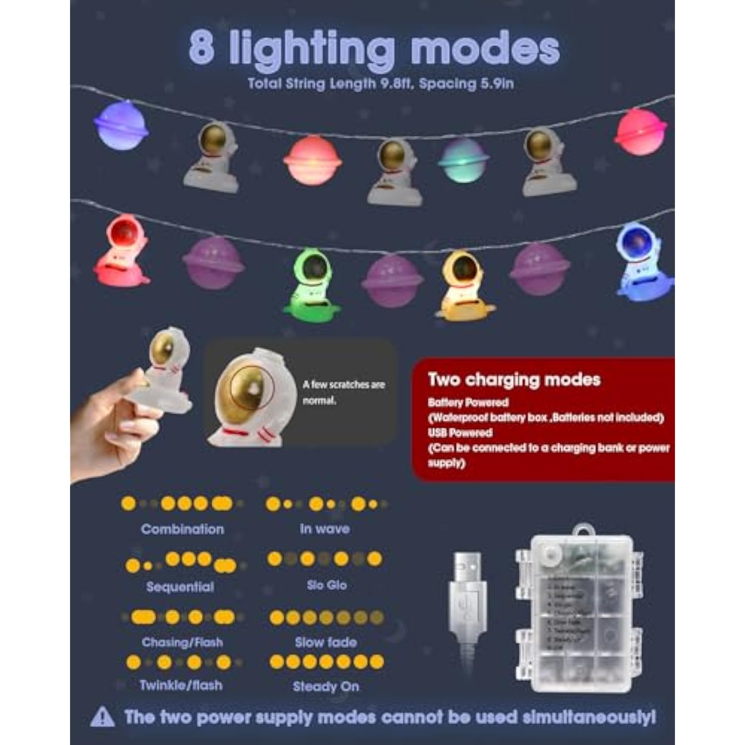 Planet Astronaut String Lights, 20 Led Space Themed Decor Galaxy Fairy Lights Outer Space Room Decor, Battery&Usb Powere