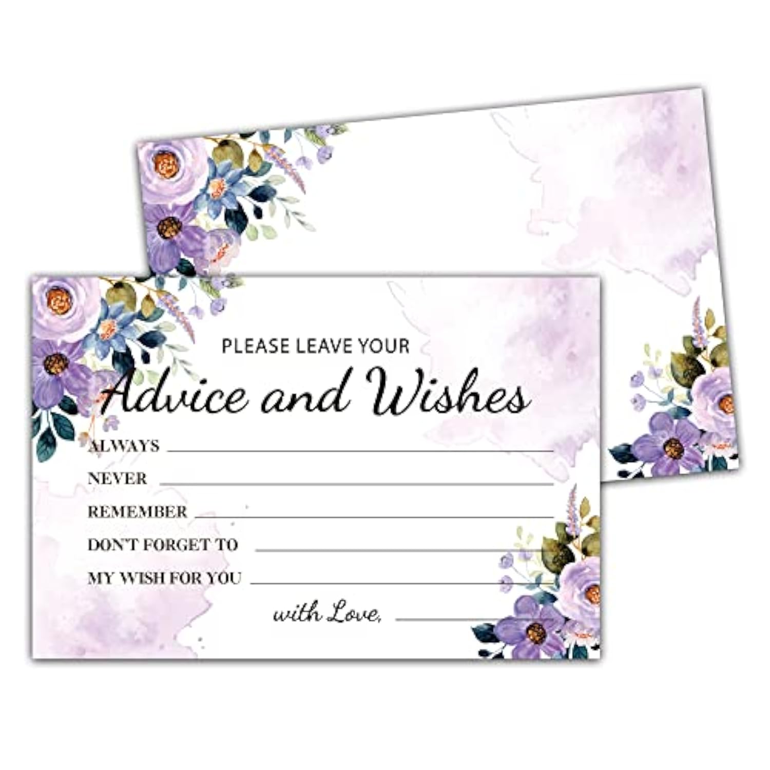 Purple Floral Advice And Wishes Cards, 25 Pcs Watercolor Purple Double Sided Advice Cards For The Bride And Groom, Mr And Mrs, Bride Shower, Wedding Reception, Engagement Party(08)