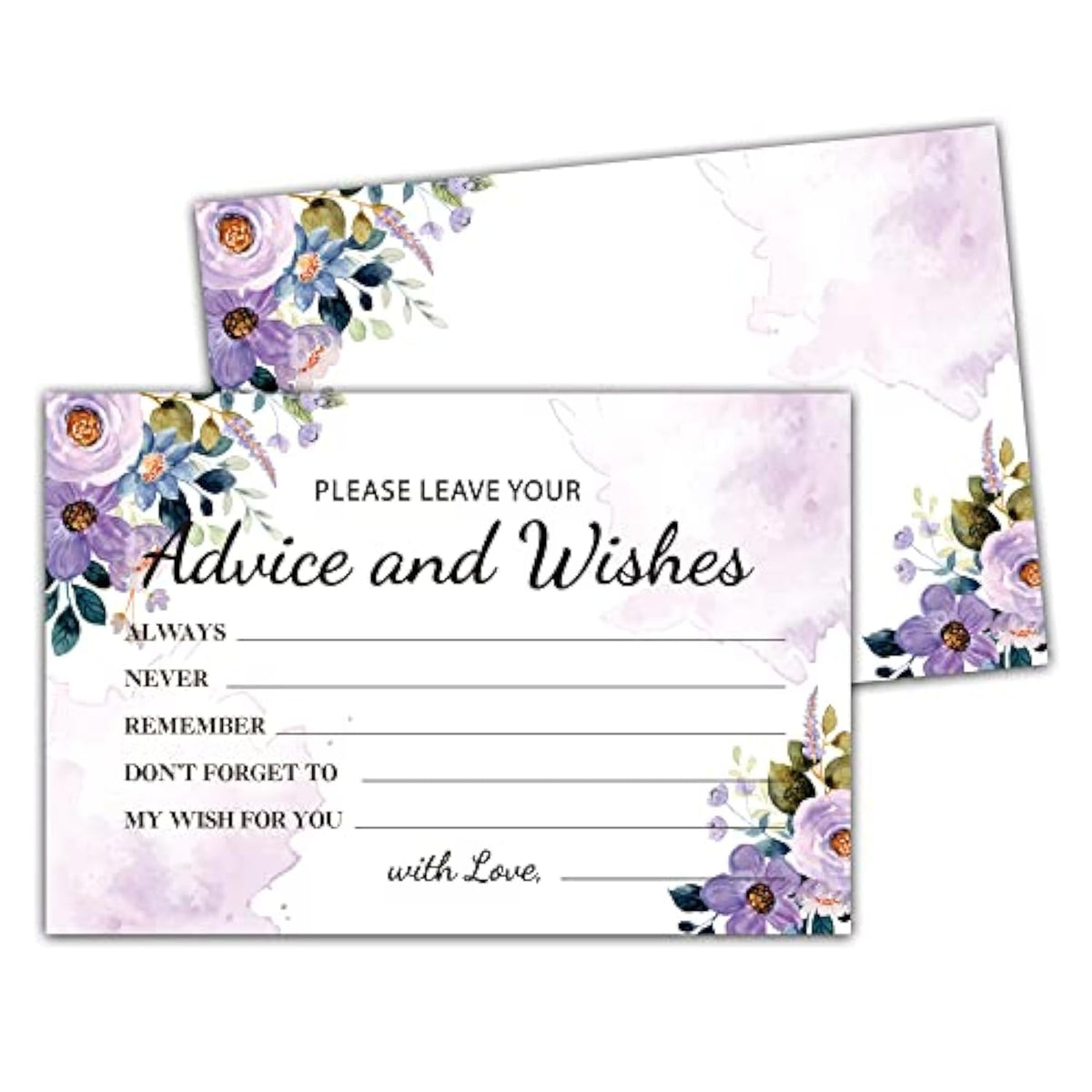 Purple Floral Advice And Wishes Cards, 25 Pcs Watercolor Purple Double Sided Advice Cards For The Bride And Groom, Mr And Mrs, Bride Shower, Wedding Reception, Engagement Party(08)