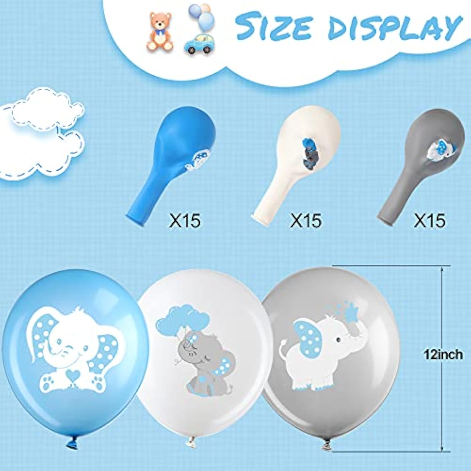 45-Pcs Blue, Gray & White Elephant Balloons Baby Shower & Gender Reveal Decor