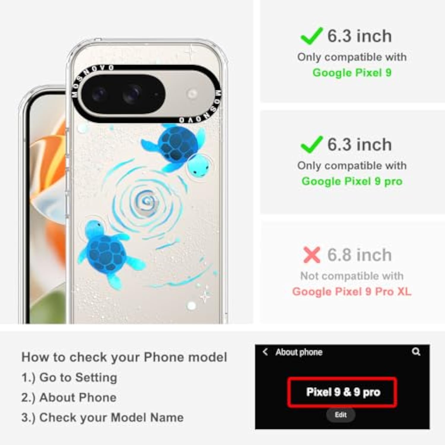 Case For Google Pixel 9 & Pixel 9 Pro, [Buffertech 6.6Ft -Grade Drop Protection] [Anti Peel Off Tech] Clear Tpu Bumper Phone Case Cover Design - Space Turtle