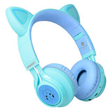 Kids Headphones, CT-7S Cat Ear Bluetooth Headphones with LED Light, 85dB Volume Limiting, Over Ear with Microphone for Laptop/PC/TV (Blue & Green)