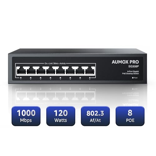 8 Port Poe Switch Gigabit 120W, Gigabit Unmanaged Ethernet Switch, Plug & Play, 802.3Af/At Compliant, Metal Housing, 8-Port Network Switch For Home/Office Energy Efficient Silent Operation