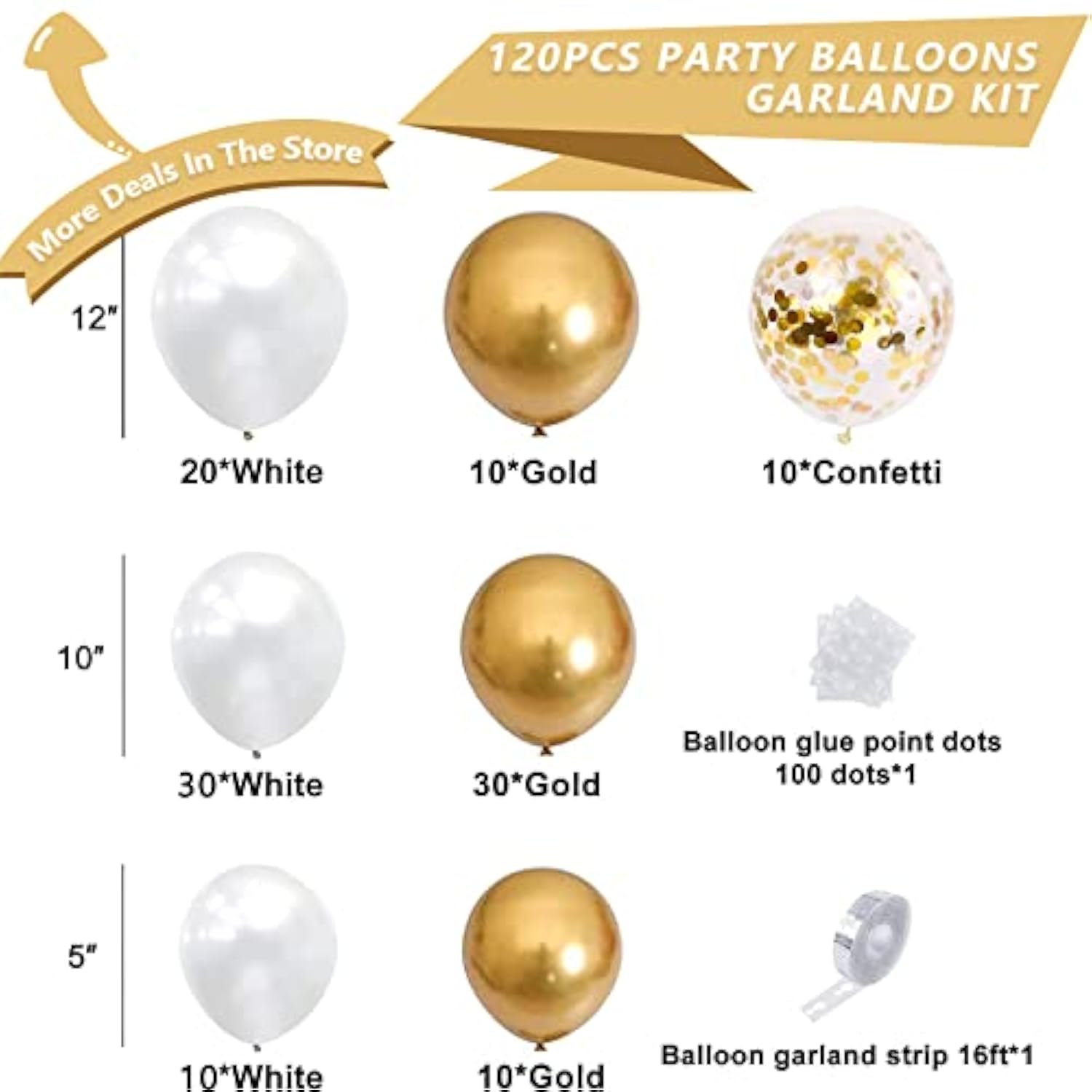 White and Gold Balloon Garland Kit 120pcs Metallic Confetti for Party Decorations