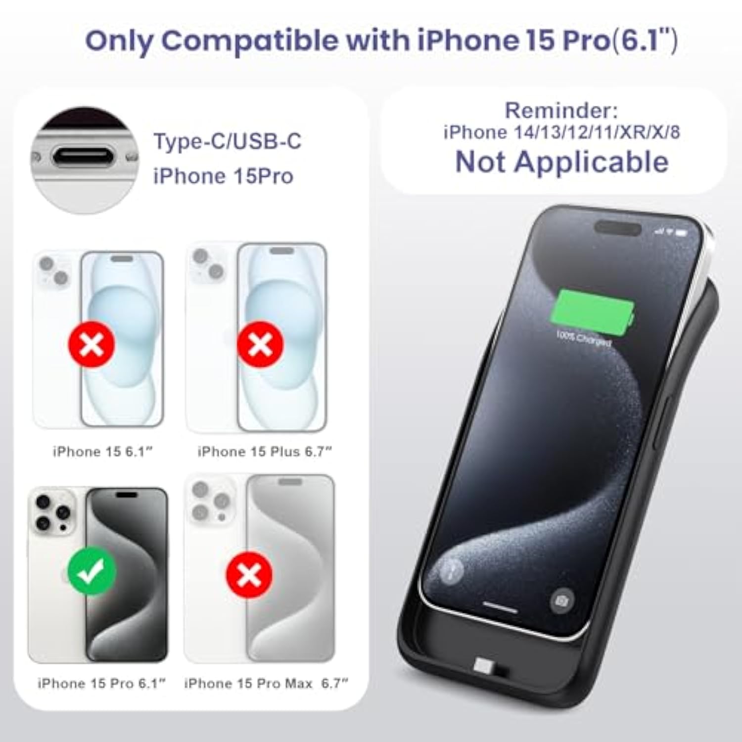15W Fast Charging Battery Case For Iphone 15 Pro(6.1 Inch),7500Mah Slim Portable Charging Case With 360°Protection,Rechargeable Extended Phone Charger Cover For Iphone 15 Pro Battery Case-Black